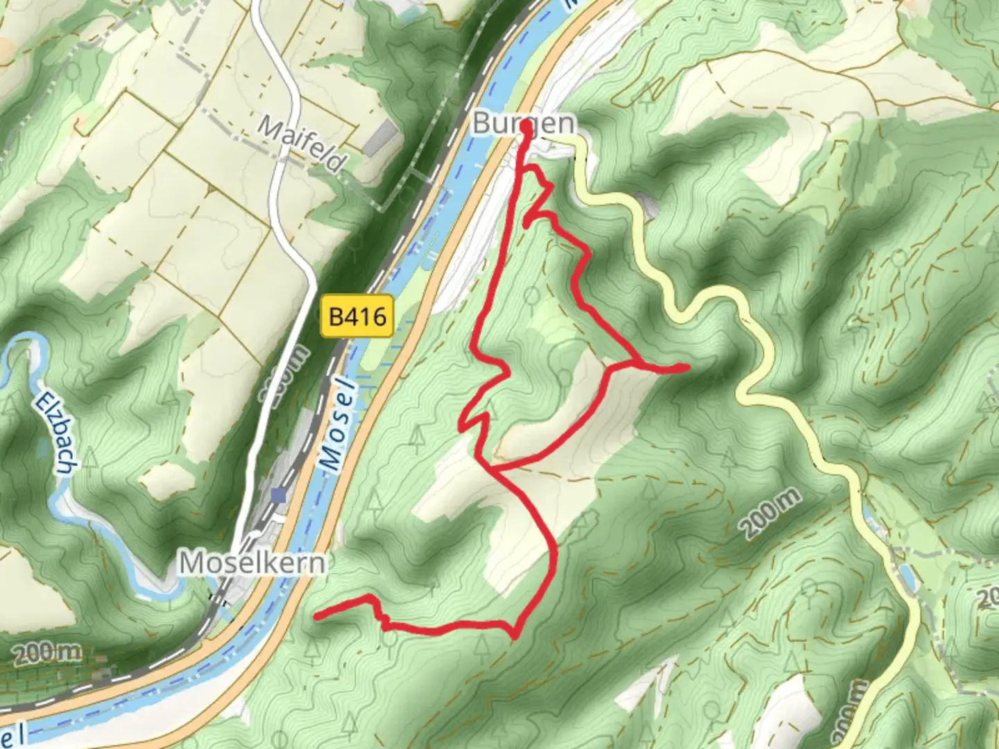 An image depicting the trail Druidenstein Kreuz and Schinderhanneshöhle Loop - Burgen and its surrounding area.