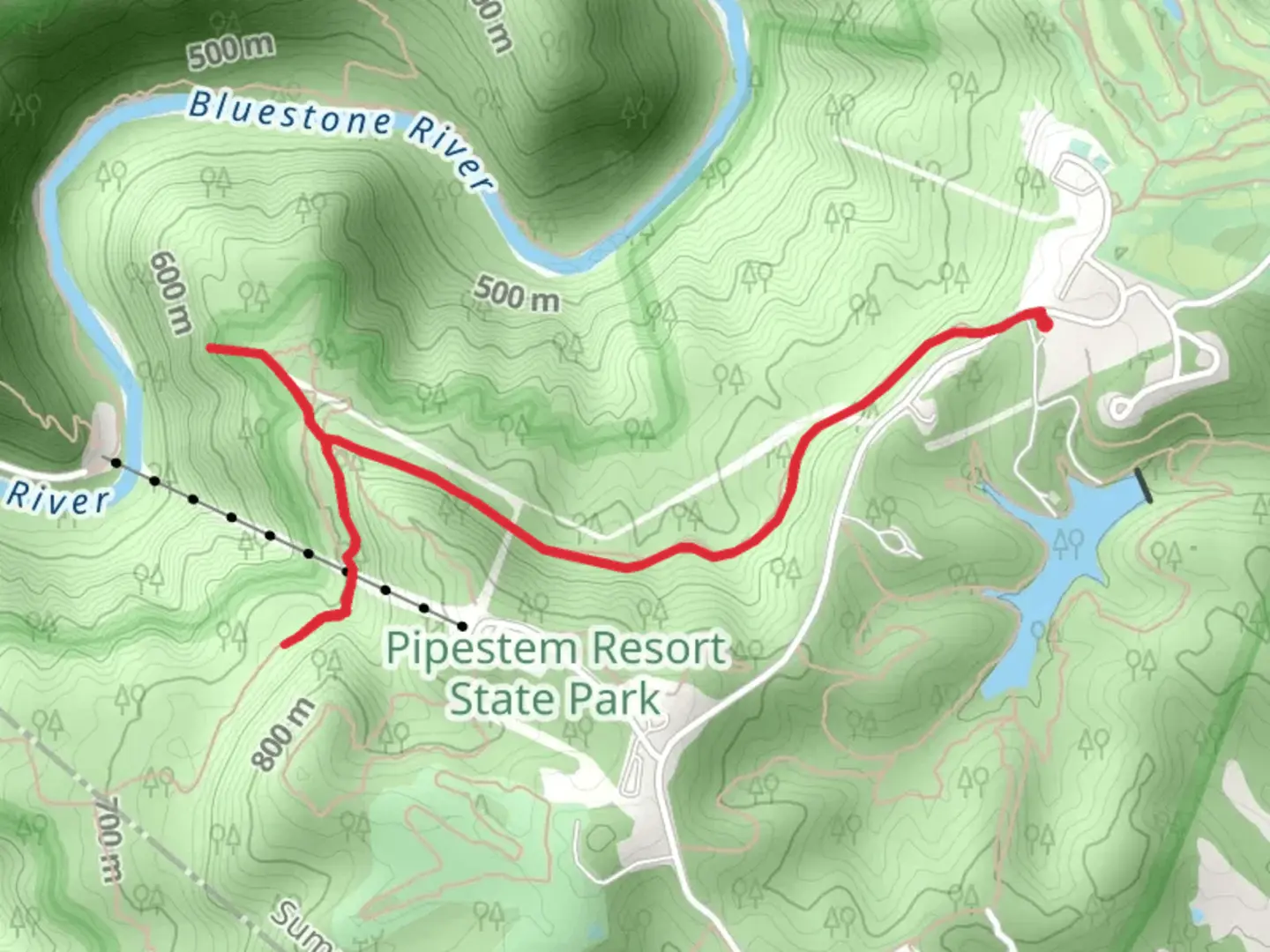 An image depicting the trail River Trail from Pipestem Drive and its surrounding area.