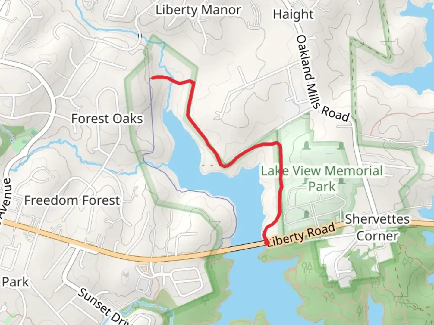 An image depicting the trail Lake View Memorial Park Shore Walk and its surrounding area.