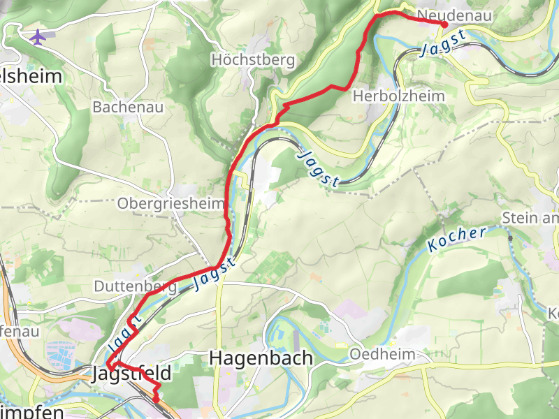 Bad Friedrichhall Hauptbahnhof to Neudenau via Kulturwanderweg Jagst mobile static map