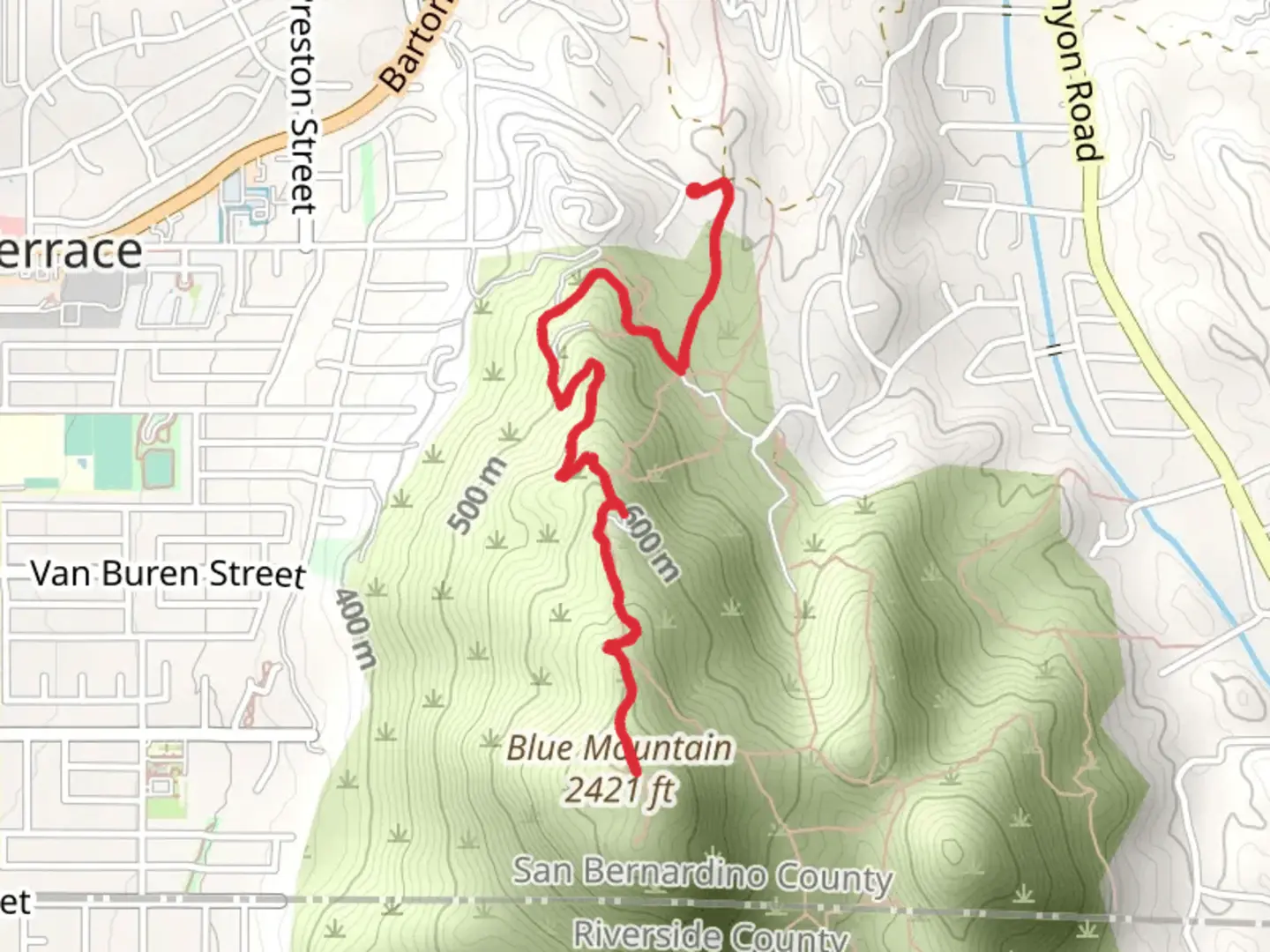 An image depicting the trail Blue Mountain from Westwood Lane and its surrounding area.