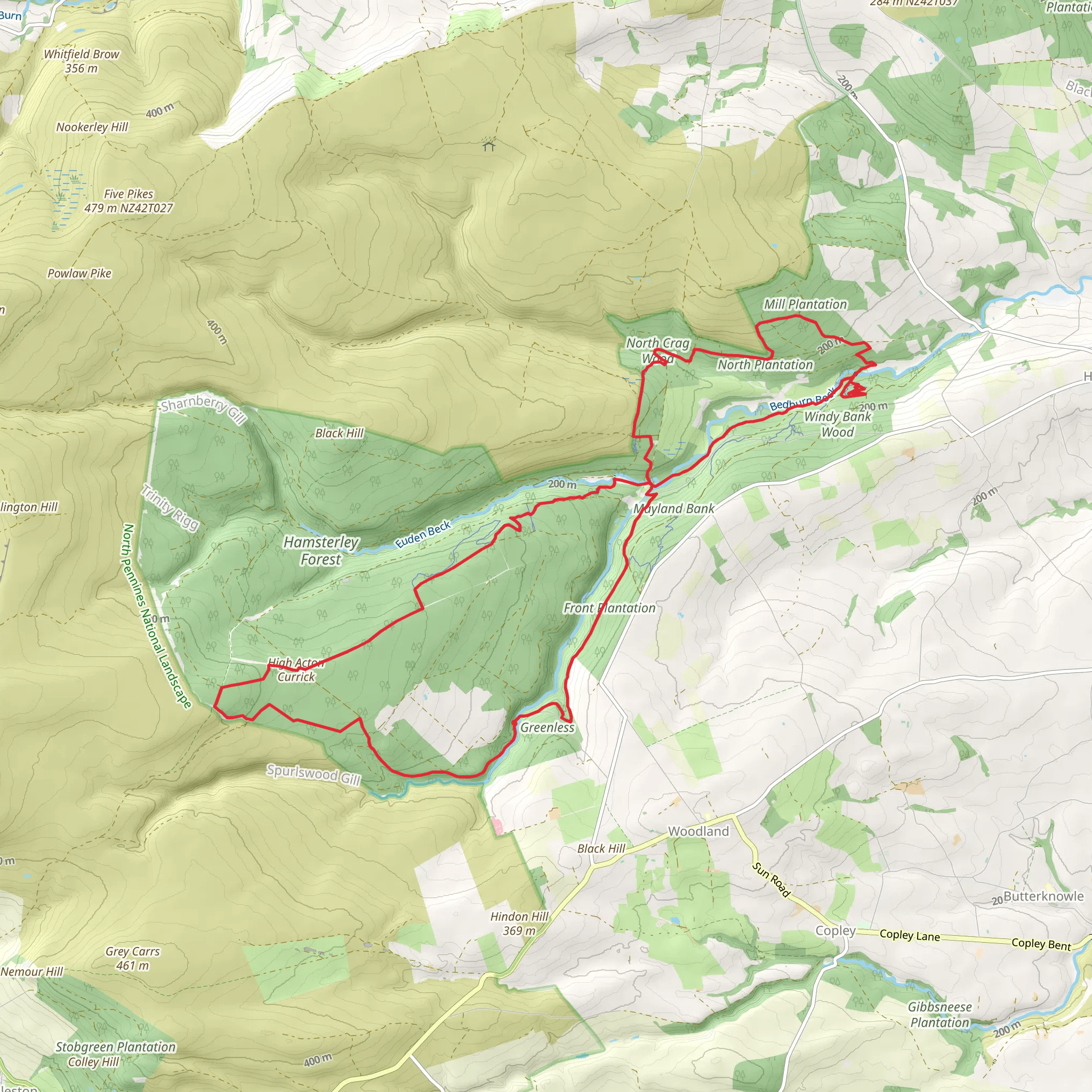Potato Hill, Crossfield Plantation, Tinker Hills Plantation and Hamsterley Forest Loop mobile static map