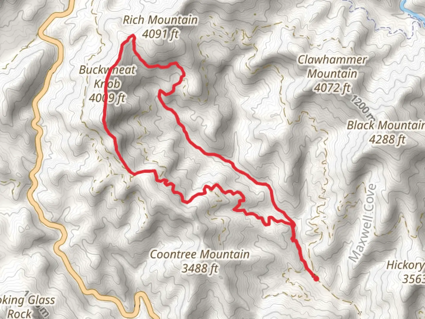 An image depicting the trail Buckwheat Knob, Club Gap and Avery Creek Loop and its surrounding area.