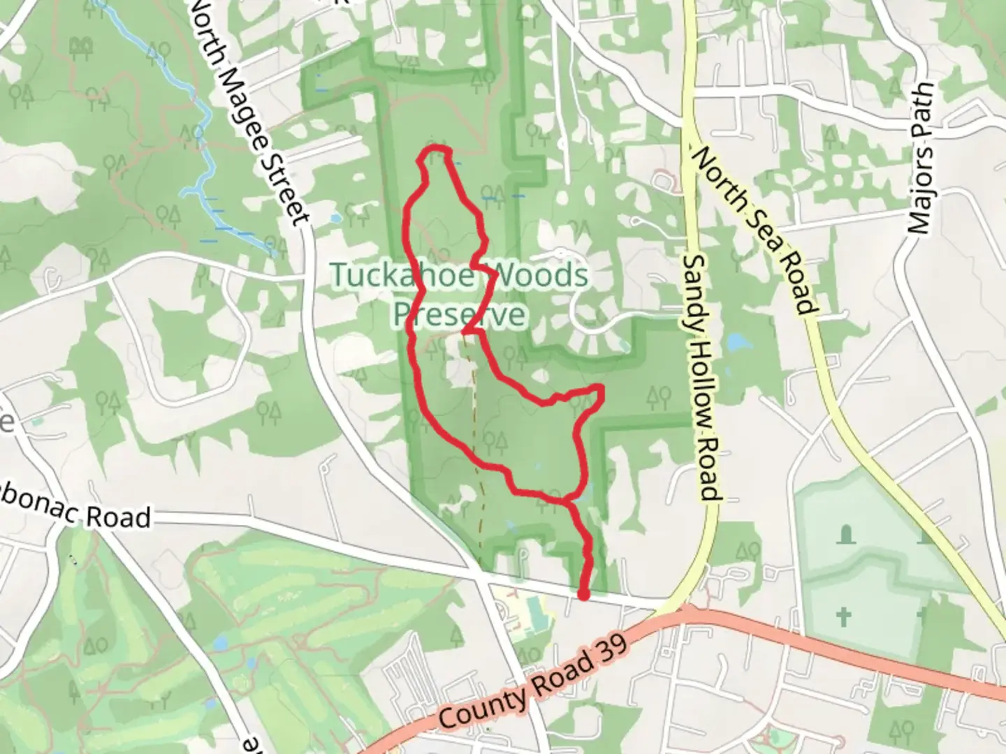 An image depicting the trail Paumanok Path Loop from Sebonac Road and its surrounding area.
