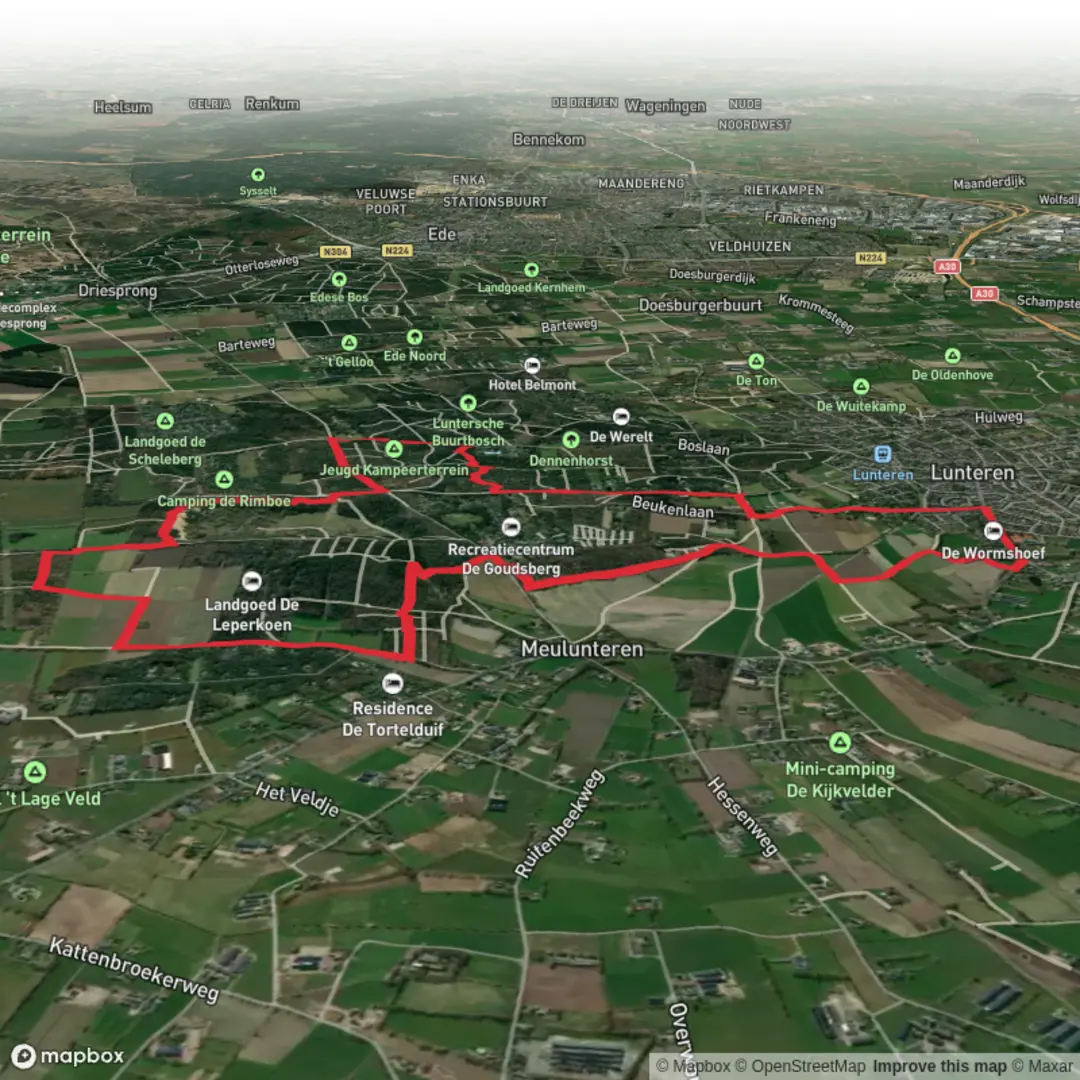 An image depicting the trail De Leperkoen and Lindeboomsberg Loop and its surrounding area.