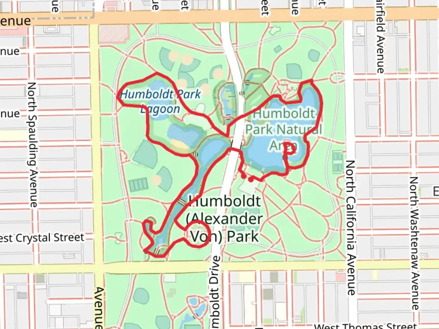 An image depicting the trail Humboldt Park Lagoons Loop and its surrounding area.