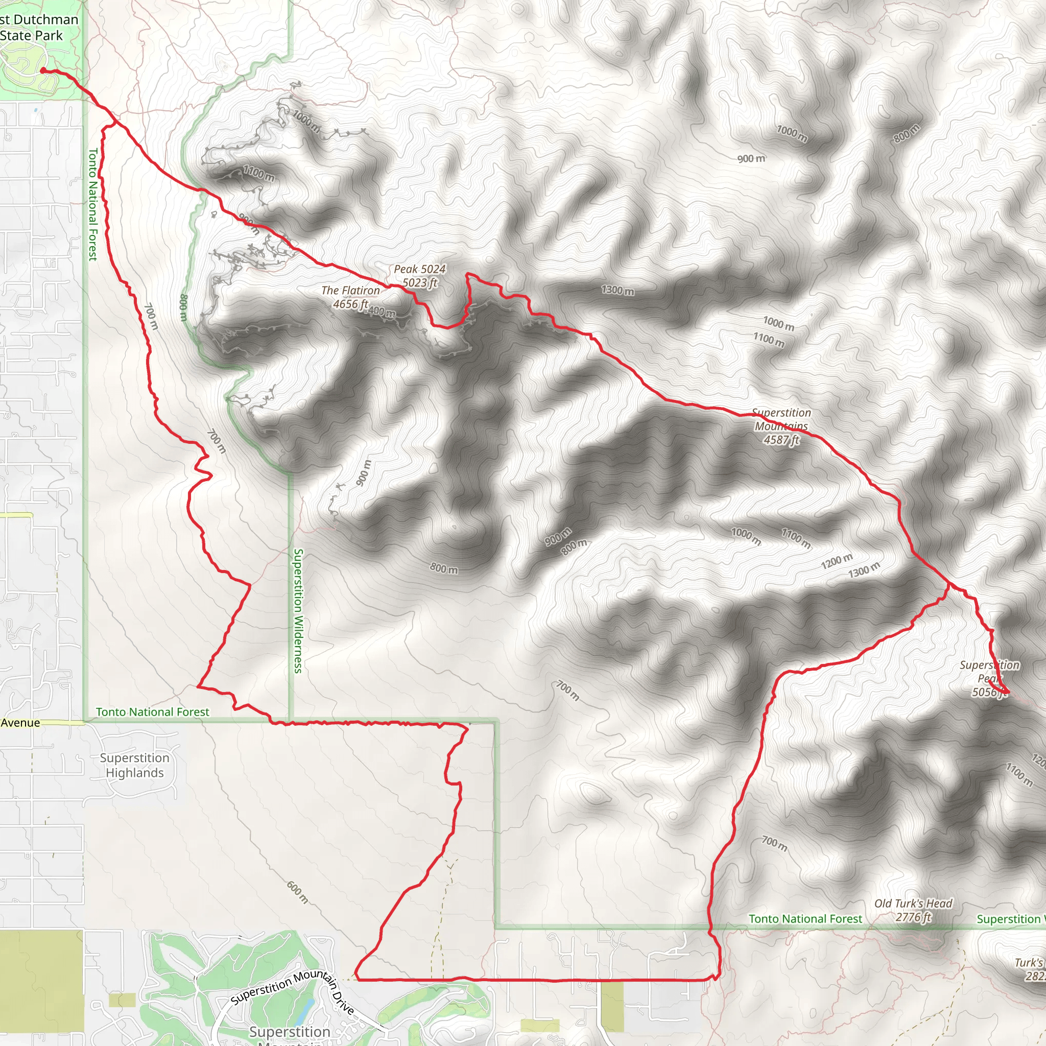 Superstition Ridgeline Trail, Hieroglyphics and Jacob's Crosscut Loop Trail mobile static map