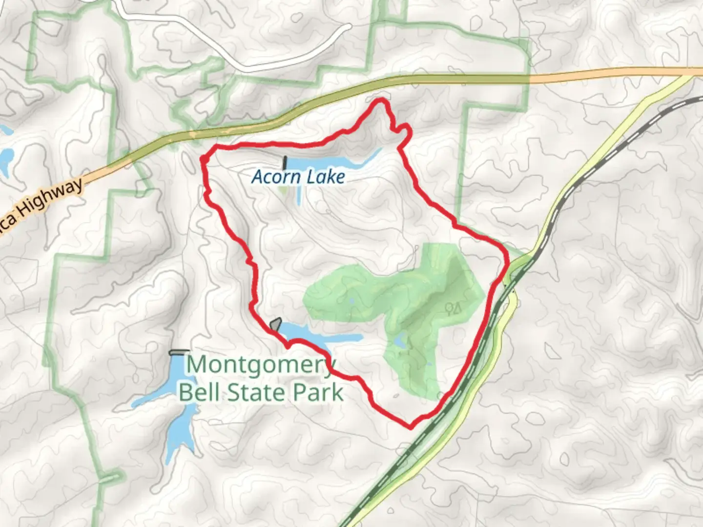 An image depicting the trail Montgomery Bell State Park Loop and its surrounding area.