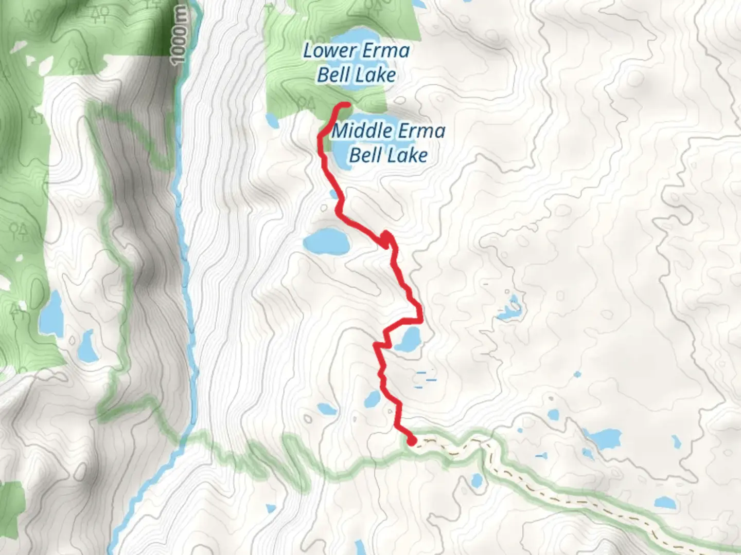 An image depicting the trail Middle Erma Bell Lake via Erma Bell Lakes Trail and its surrounding area.