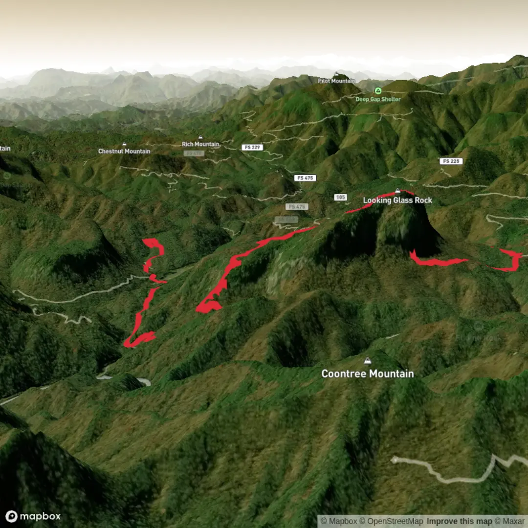 An image depicting the trail Around the Looking Glass Rock with various Falls views and its surrounding area.