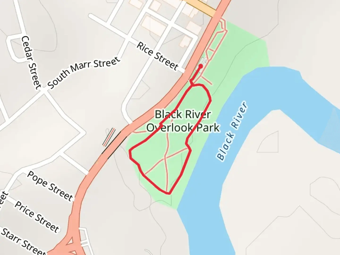 An image depicting the trail Black River Overlook Park Loop and its surrounding area.