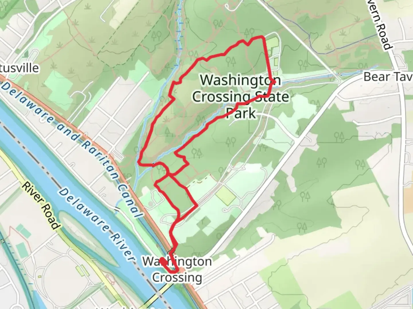 An image depicting the trail Washington Crossing State Park Loop and its surrounding area.