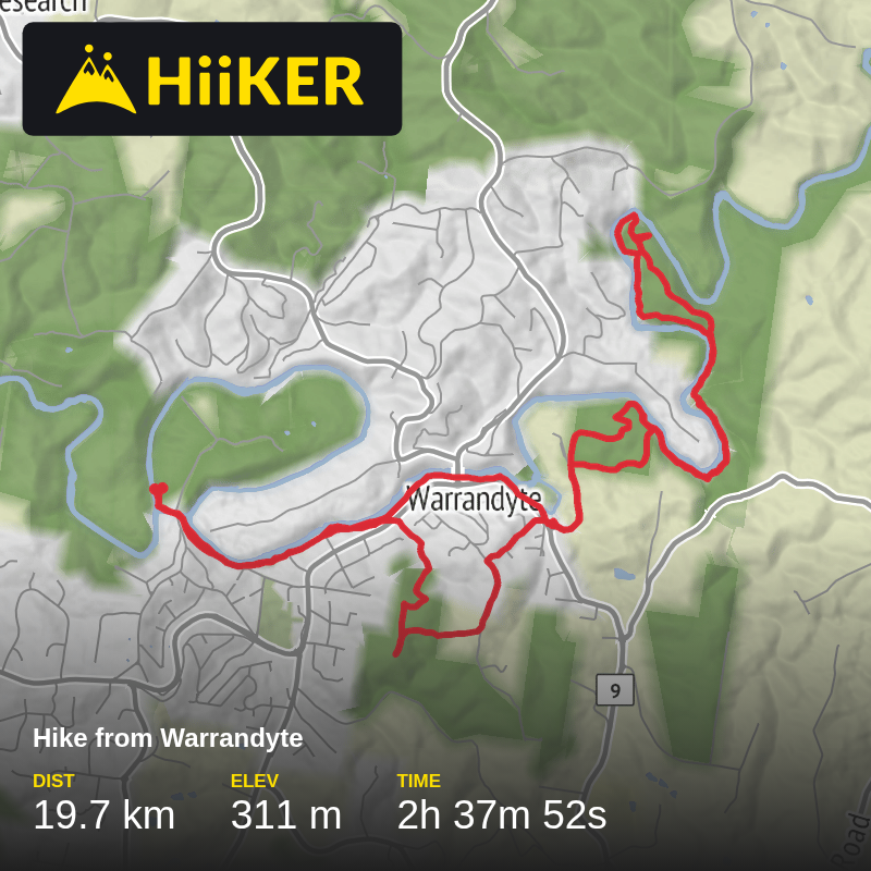 A map preview of the recording Hike from Warrandyte.