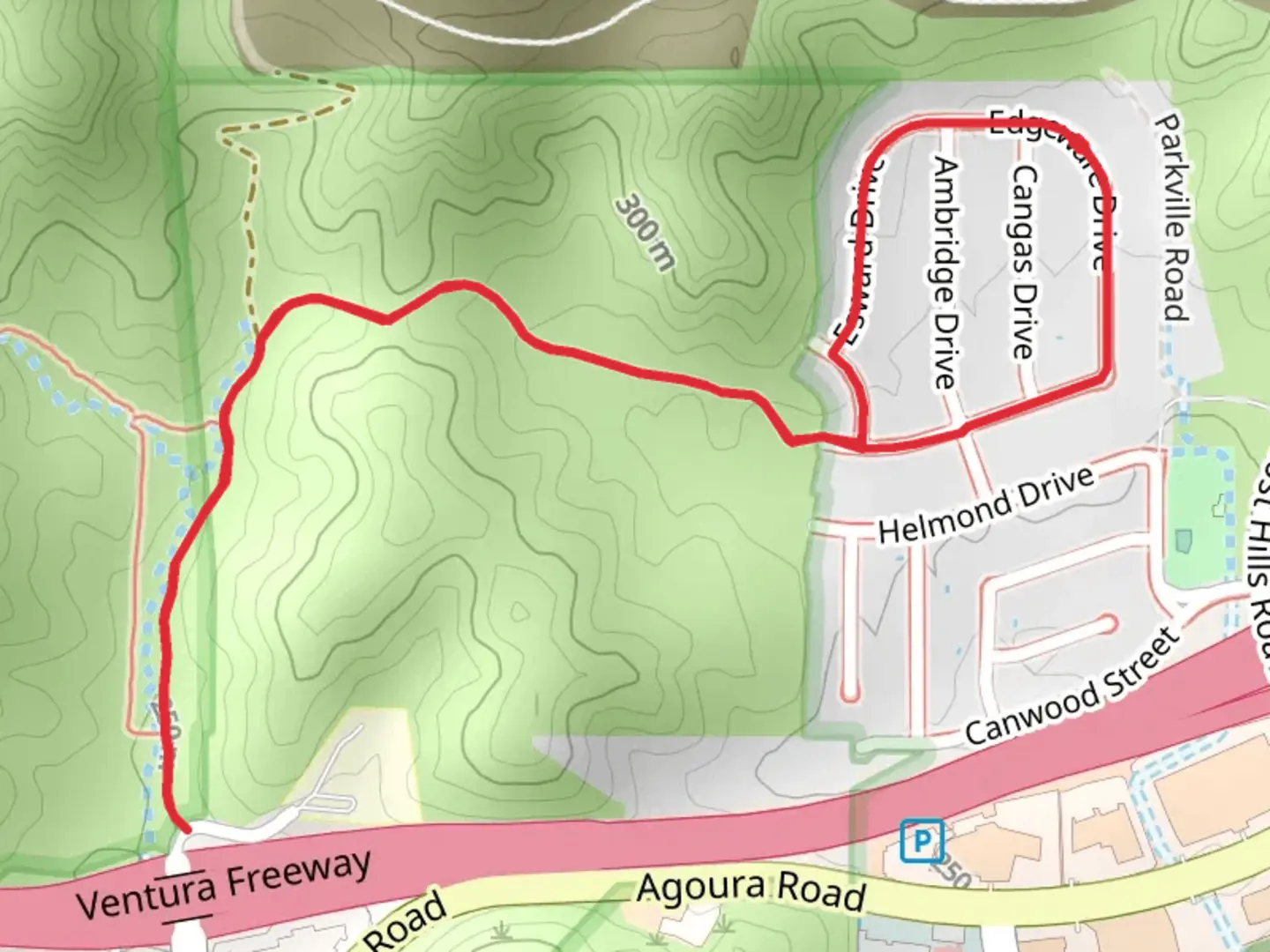 An image depicting the trail Edgeware Drive Loop and its surrounding area.