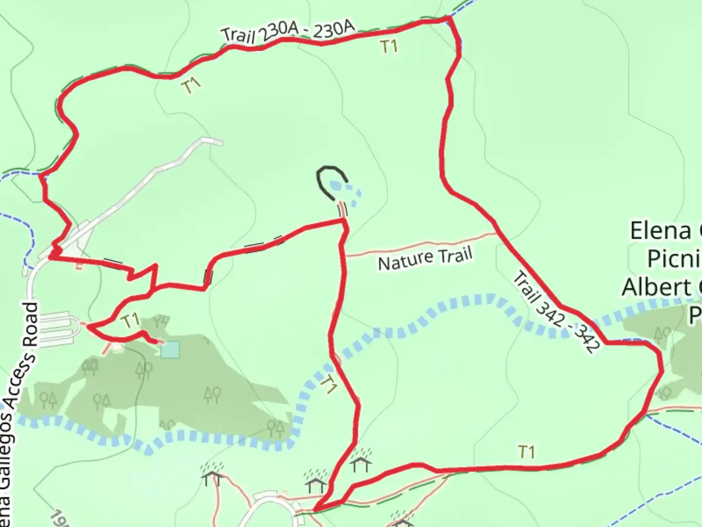 An image depicting the trail Cottonwood Springs Trail and Pino Trail Loop and its surrounding area.