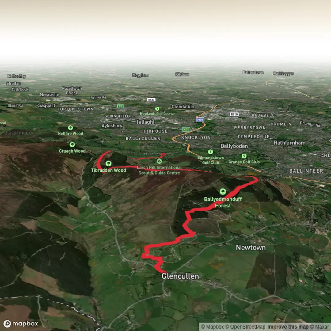 An image depicting the trail Gallery Tomb, Fairy Castle and Tibradden Hike and its surrounding area.