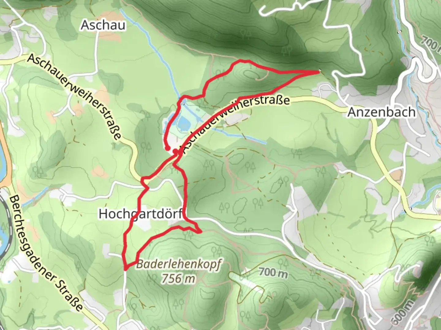 An image depicting the trail Hochgartdörfl and Naturbad Aschauerweiher Loop and its surrounding area.