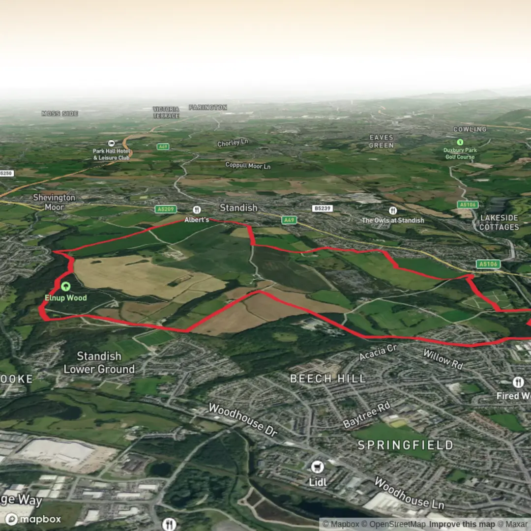 An image depicting the trail Crooke, Standish and Shevington Loop and its surrounding area.