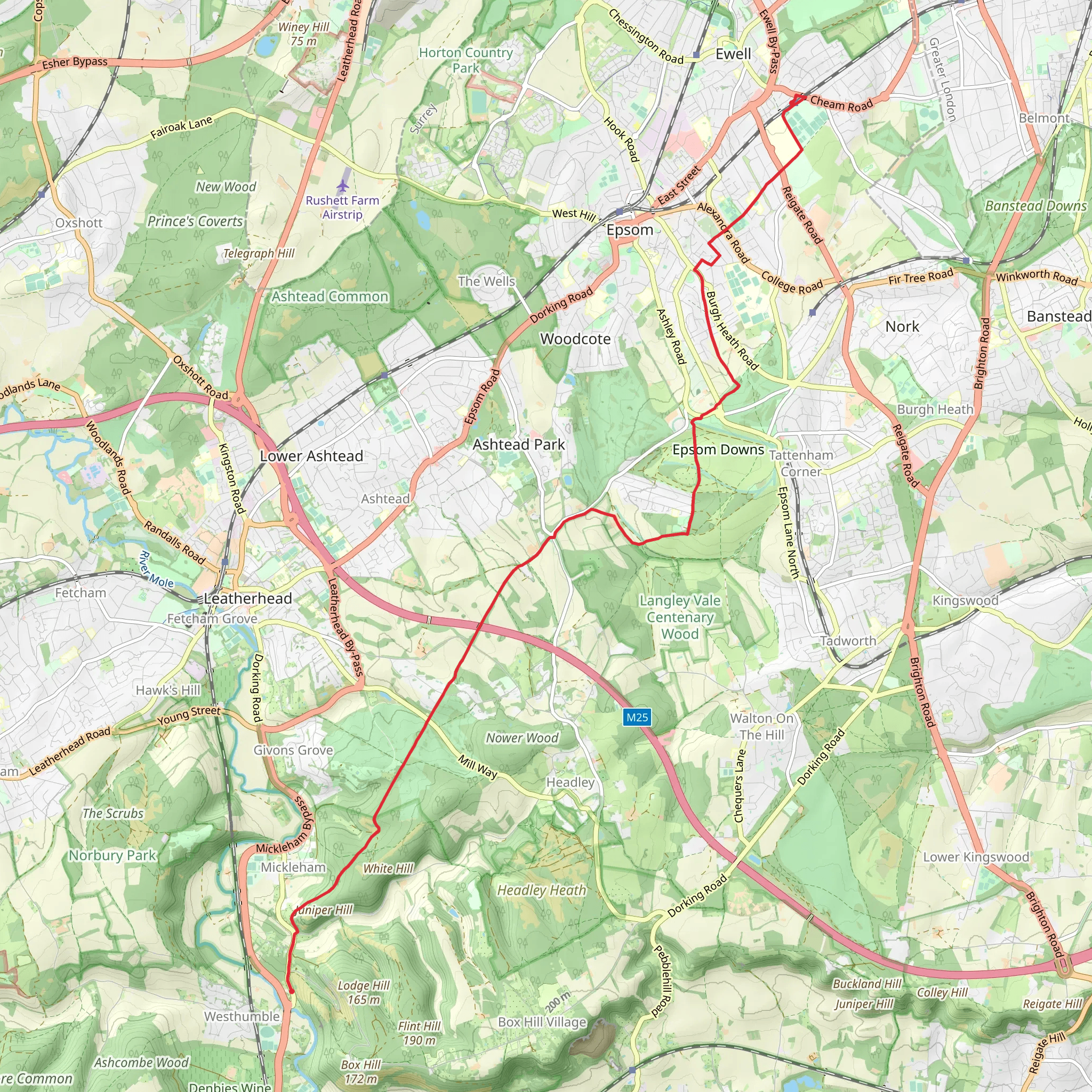 EWell East to Westhumble Walk mobile static map