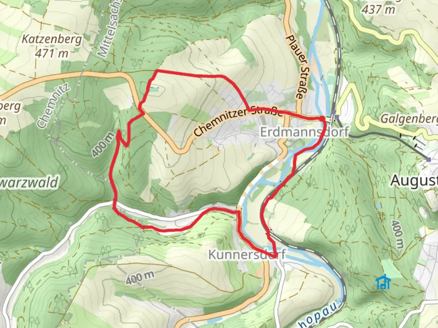 An image depicting the trail Kleiner Rundweg Erdmannsdorf and its surrounding area.