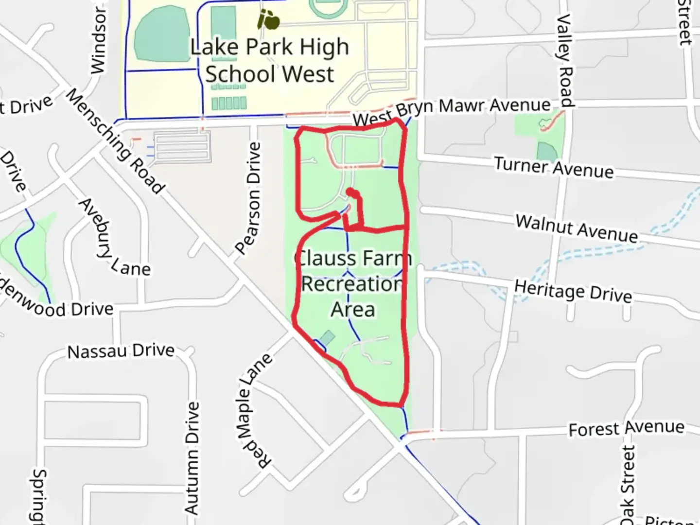 An image depicting the trail Clauss Farm Recreation Area Loop and its surrounding area.
