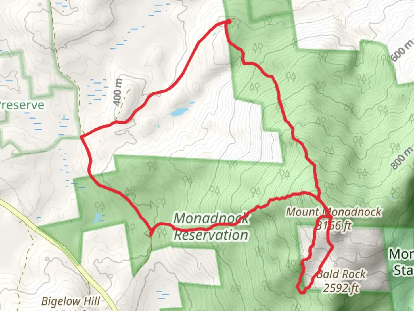An image depicting the trail Monte Rosa and Mount Monadnock via Dublin Trai and Marlboro Trail and its surrounding area.