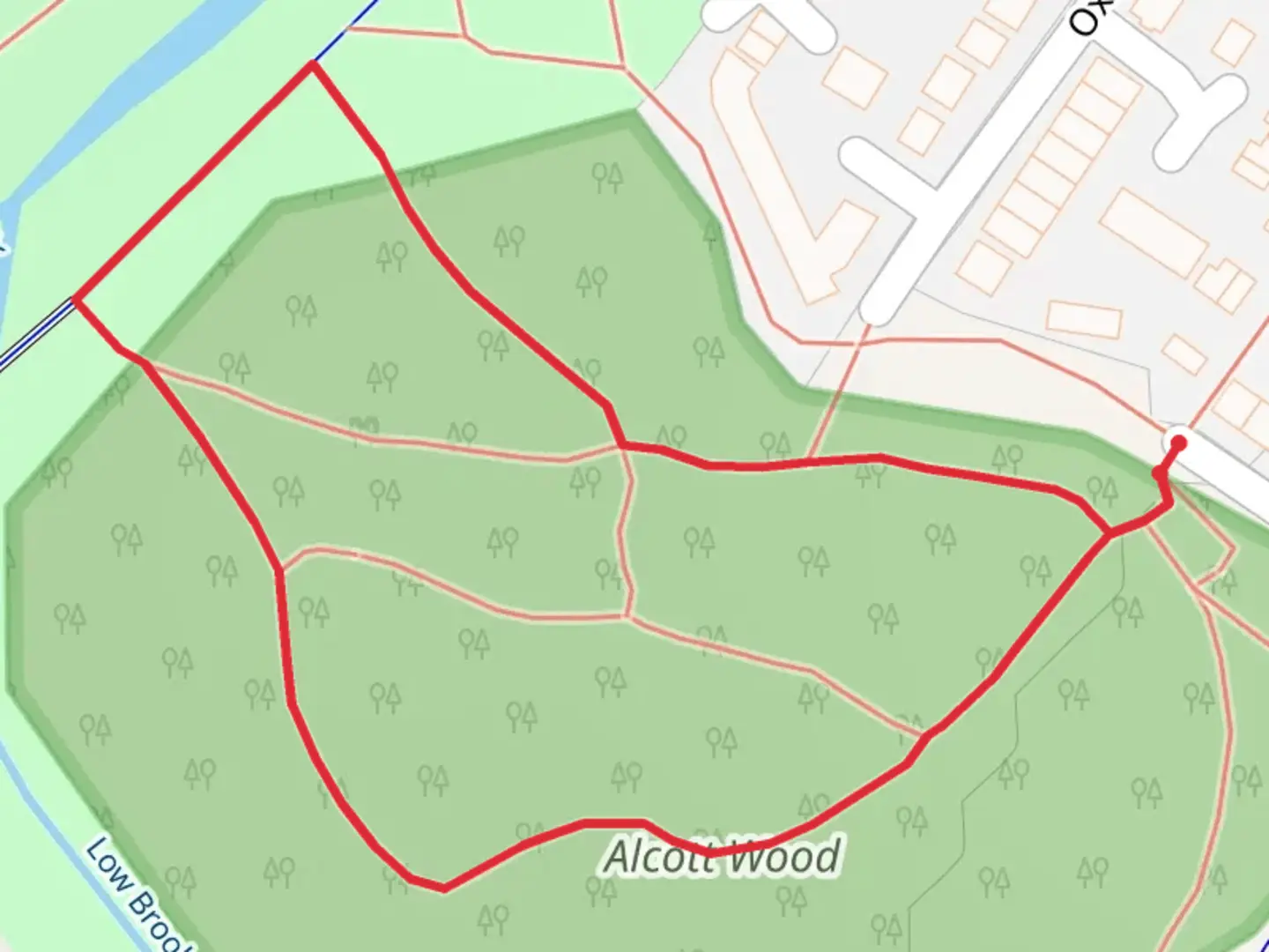 An image depicting the trail Alcott Wood Loop and its surrounding area.