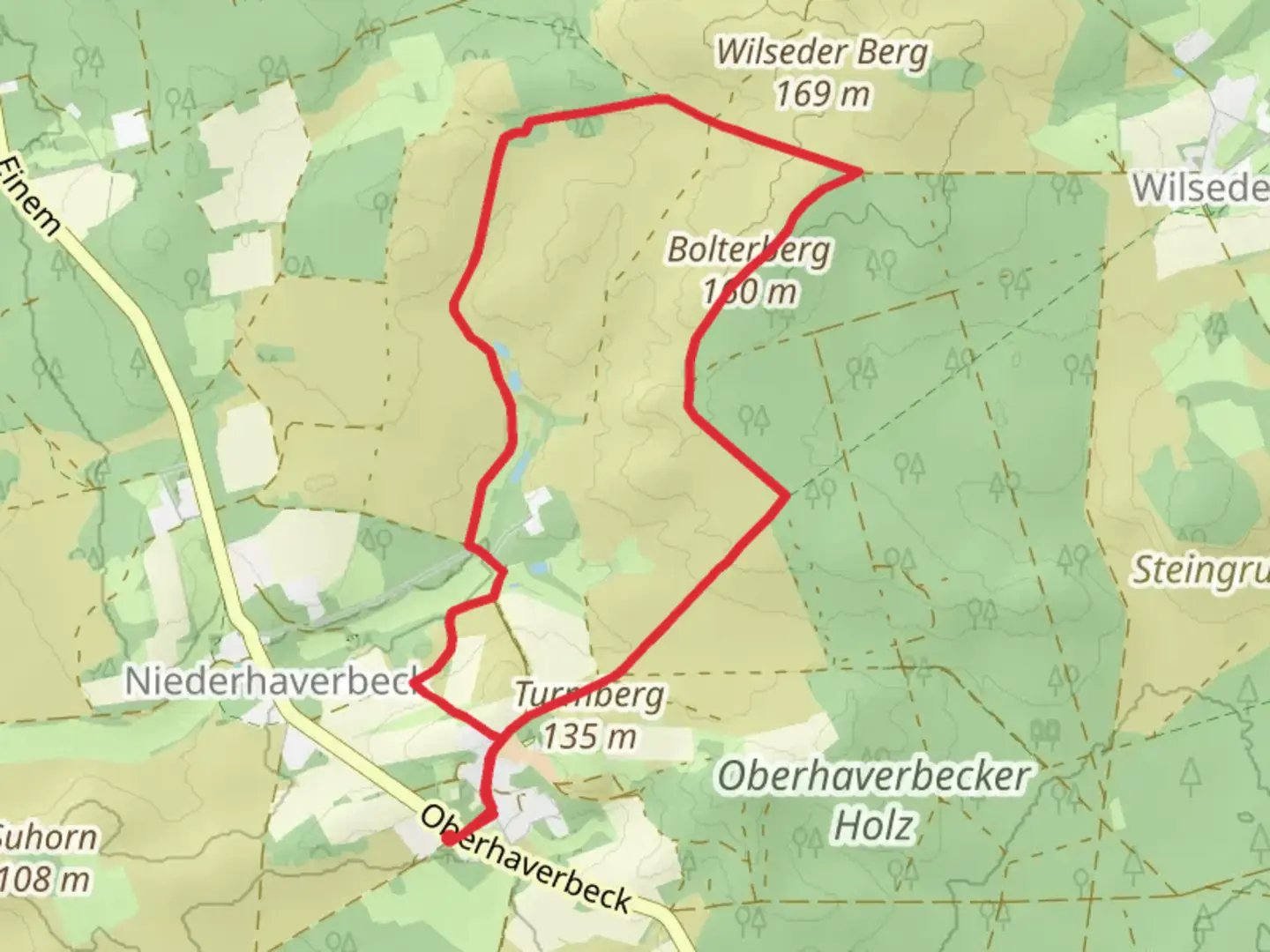 An image depicting the trail Bolterberg via Rundwanderweg Oberhaverbeck and its surrounding area.