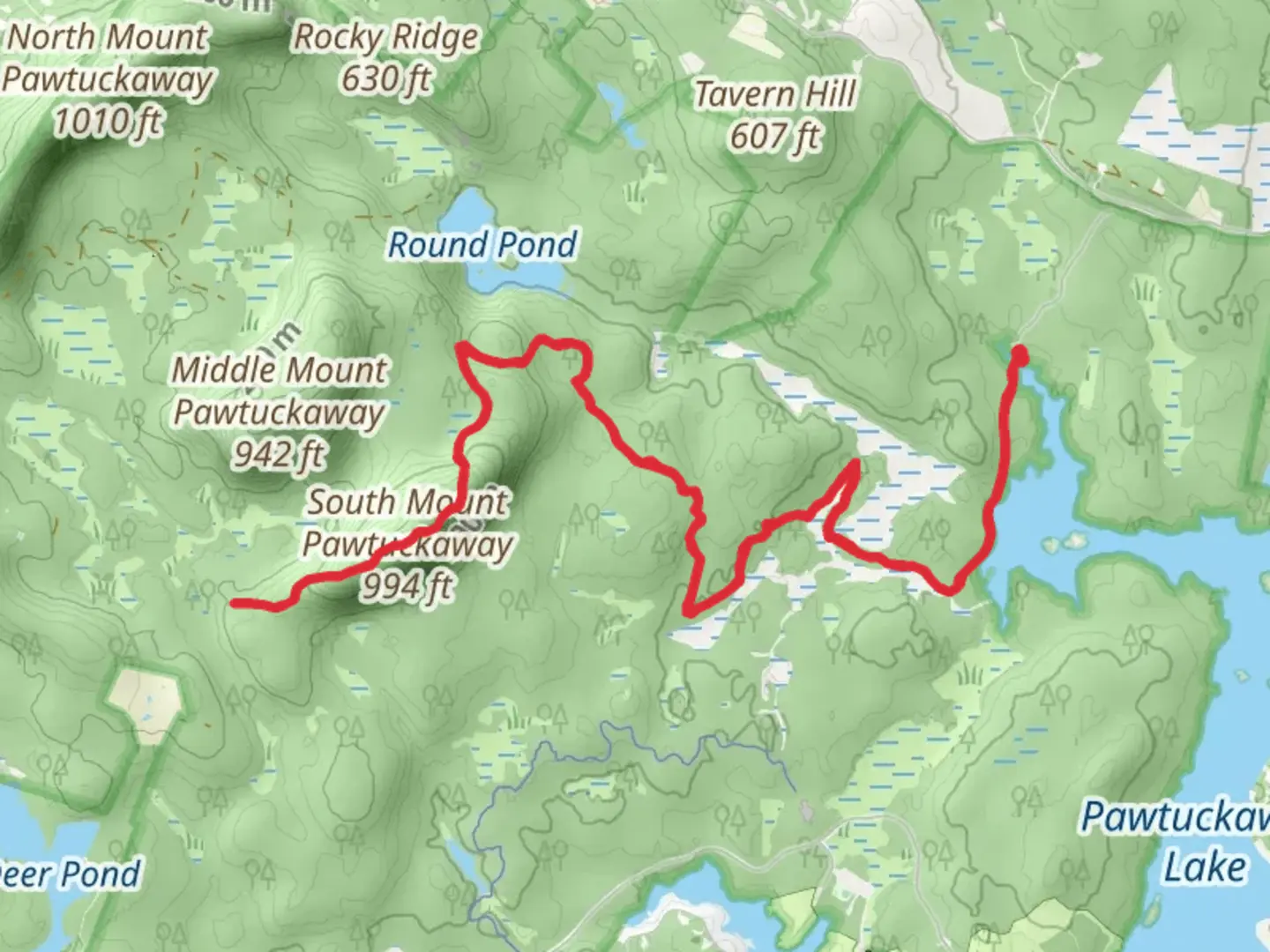 An image depicting the trail South Mount Pawtuckaway via Fundy Trail and Shaw Trail and its surrounding area.