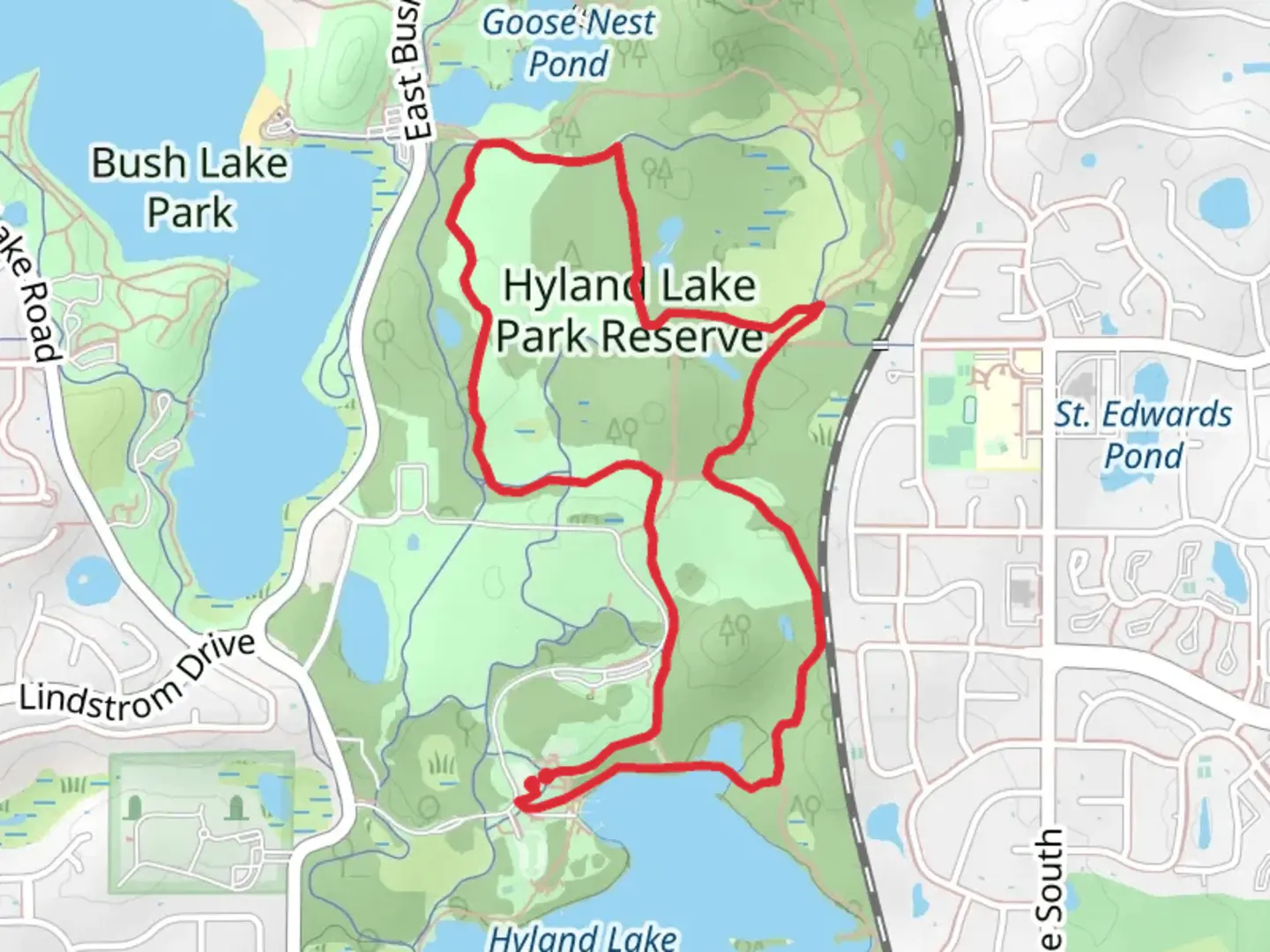 An image depicting the trail Hyland Lake via Oak Kbob and Hyland Lake Park Reserve Loop and its surrounding area.