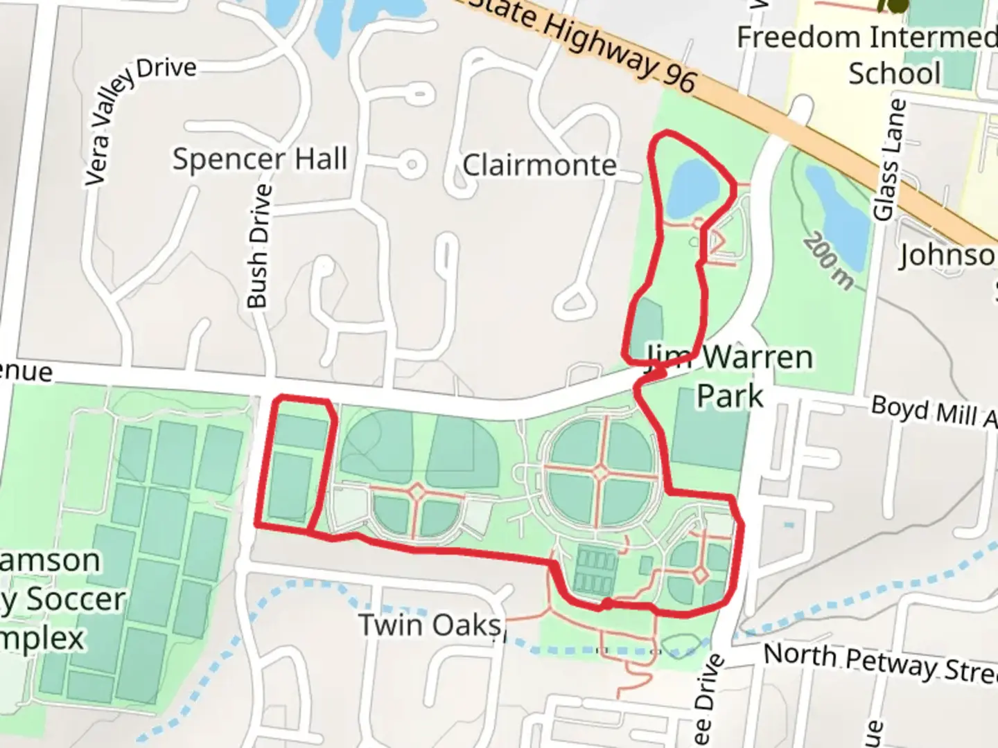 An image depicting the trail Jim Warren Park Loop and its surrounding area.