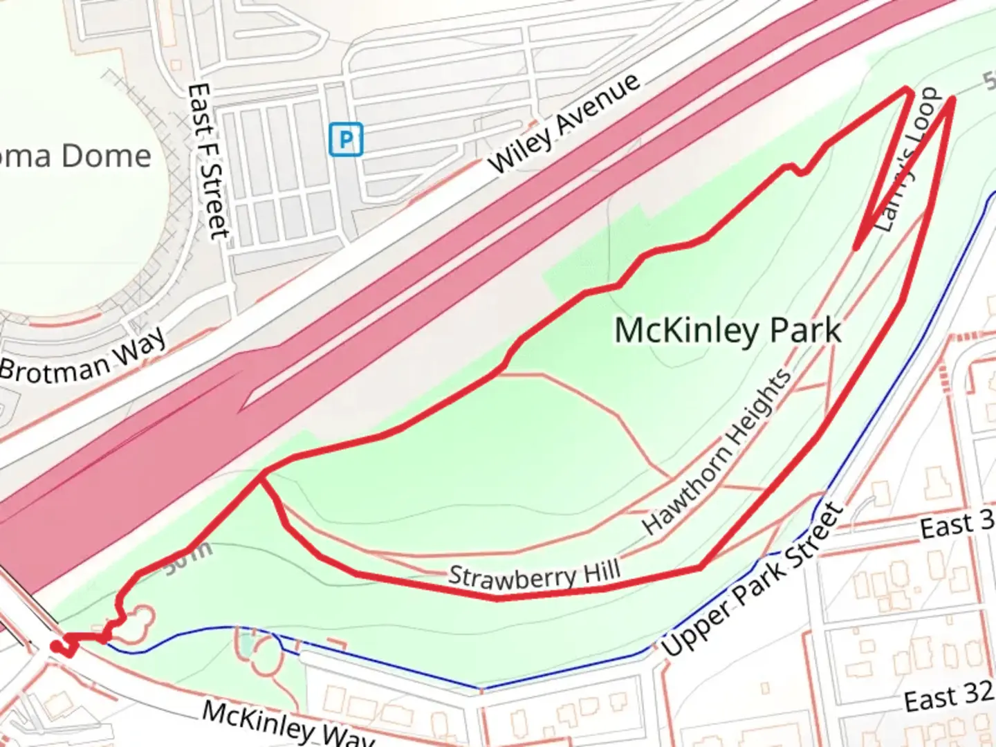 An image depicting the trail Strawberry Hill and Larry's Loop - McKinley Park and its surrounding area.