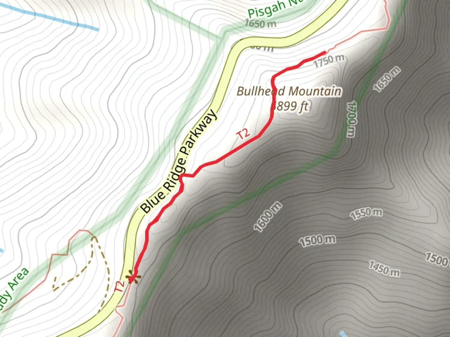 An image depicting the trail Bullhead Mountain via Mountains-to-Sea Trail and its surrounding area.