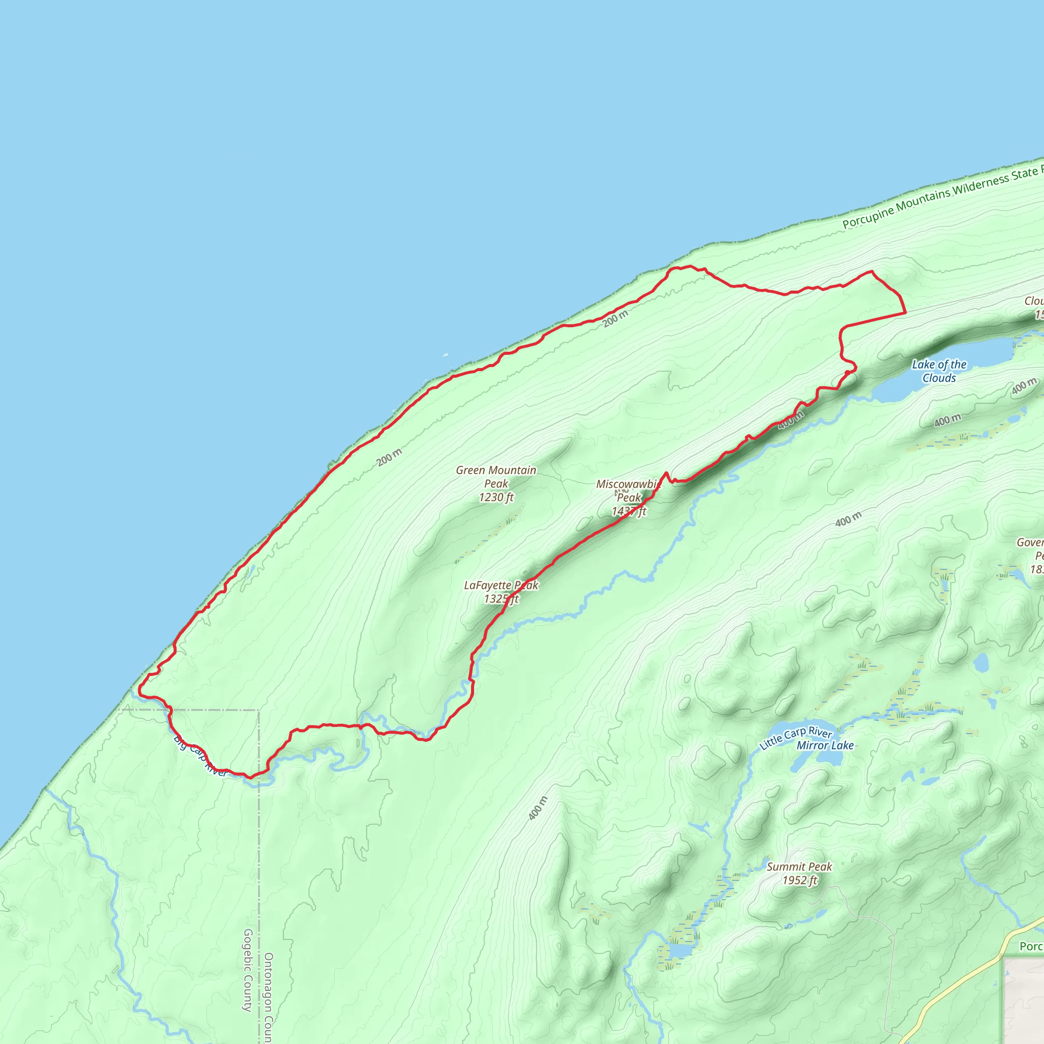 LaFayette and Miscowawbic Peak via Lake Superior Trail mobile static map
