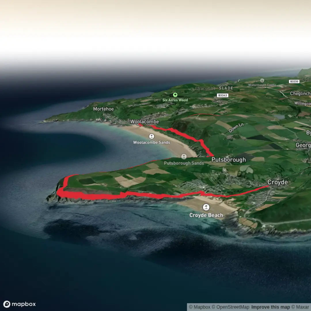 An image depicting the trail Hike from Croyde via Morte Bay and its surrounding area.