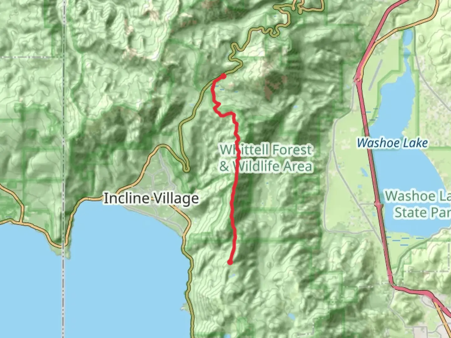 An image depicting the trail Tahoe Rim Trail from Mount Rose Highway and its surrounding area.
