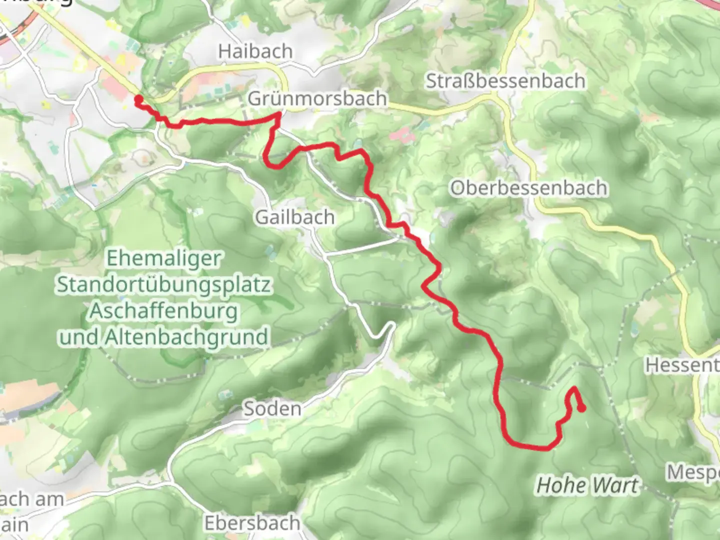 An image depicting the trail Schweinheim tovHalbwasenberg via West Suedlicher Teil and Dietz Weg and its surrounding area.