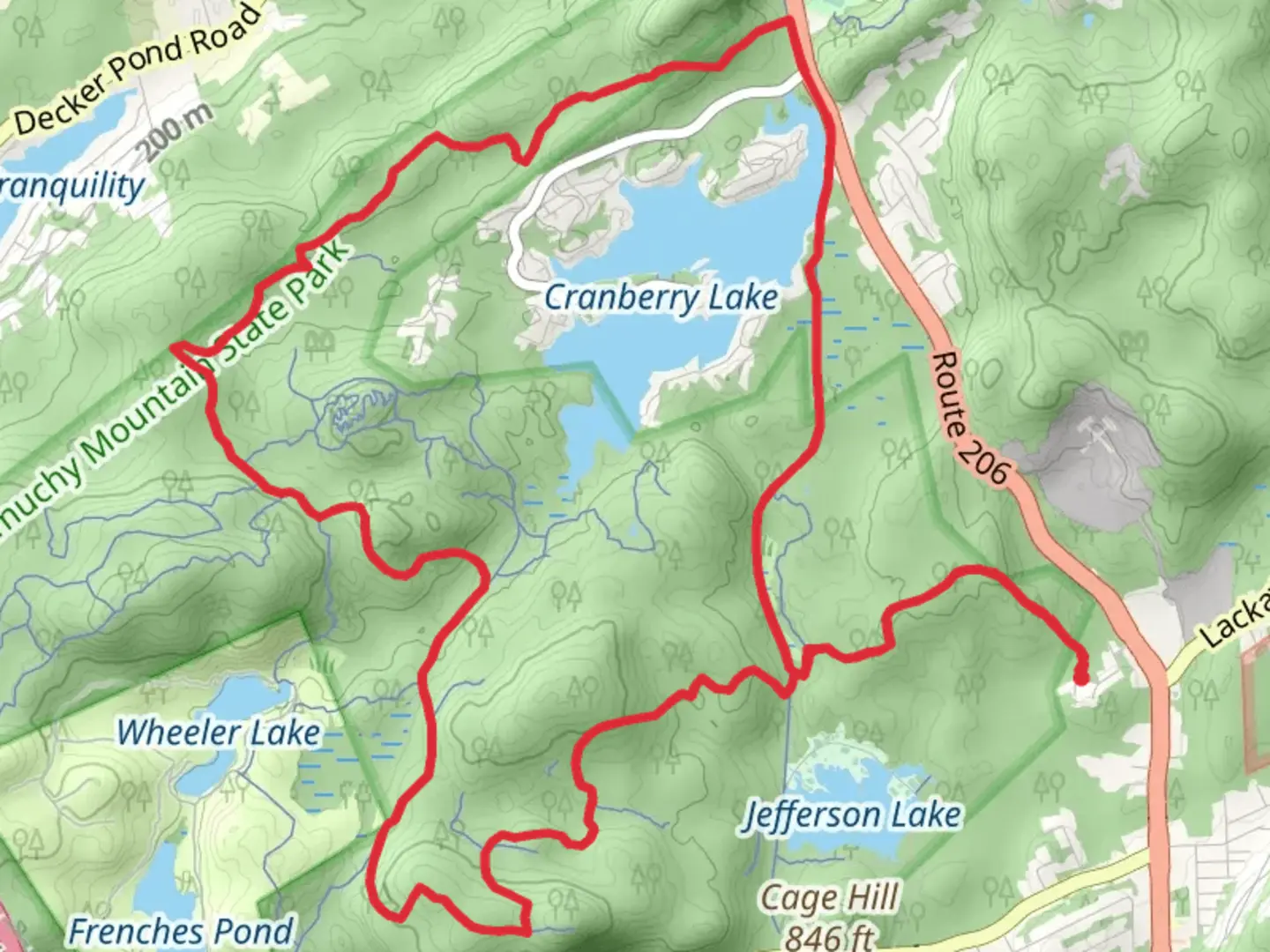 An image depicting the trail Cranberry Lake via Sussex Branch Trail, and Wavin Willy Loop and its surrounding area.
