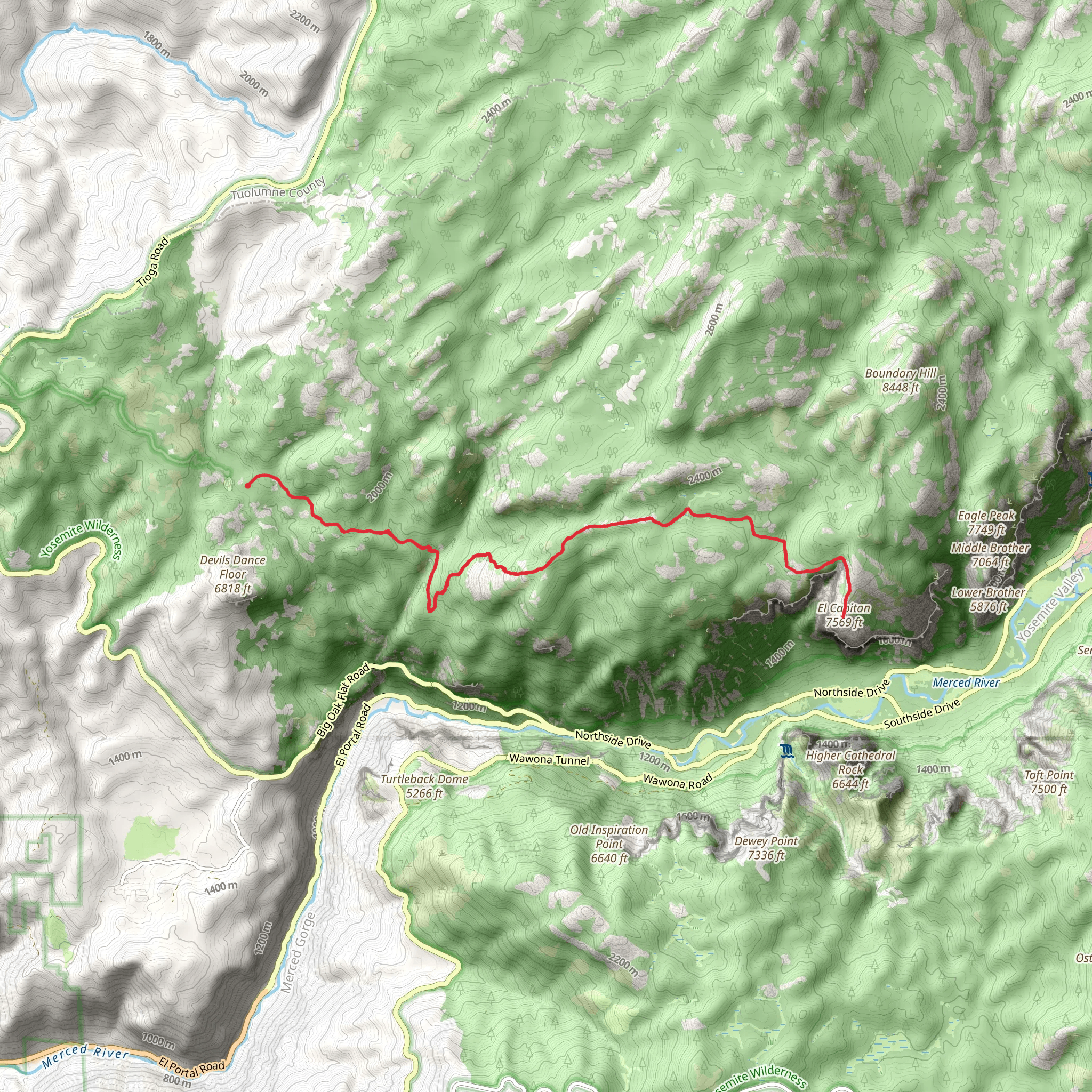 Ribbon Falls via El Capitan Trail mobile static map