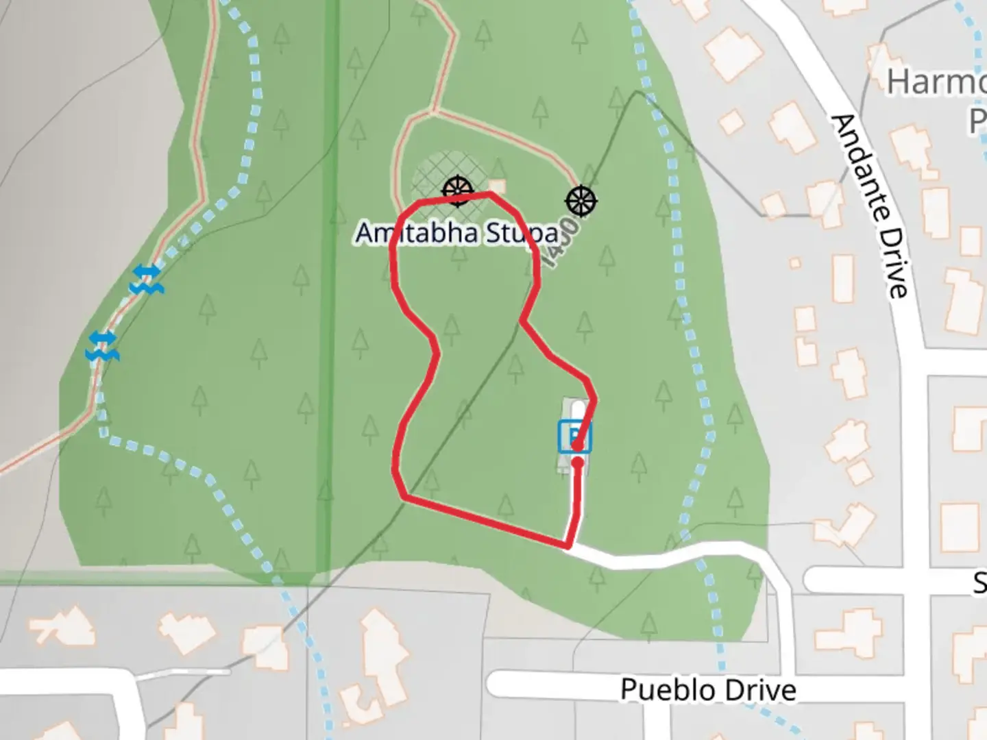 An image depicting the trail Pueblo Drive Loop and its surrounding area.