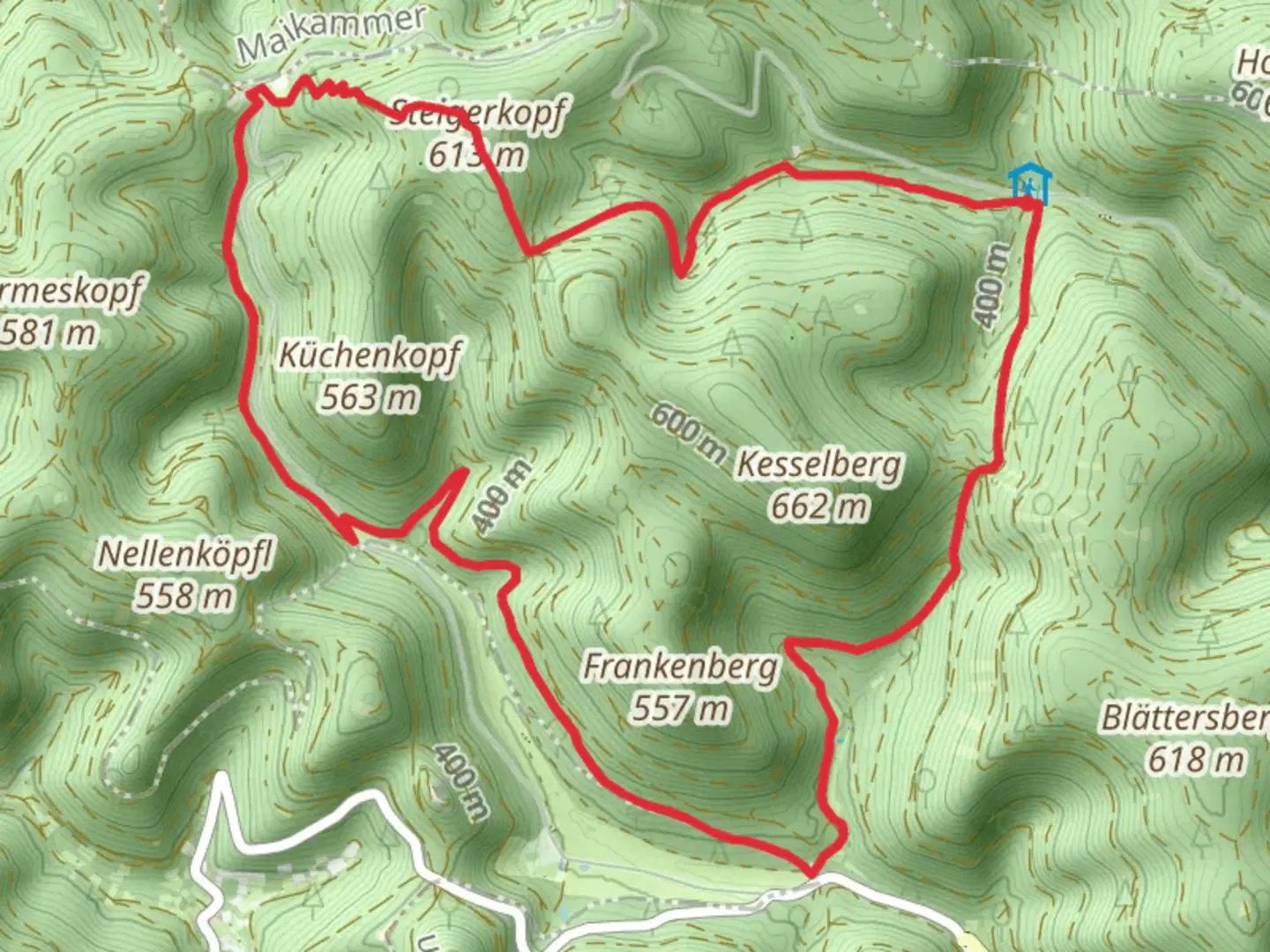 An image depicting the trail Kohlplatz, Sieben Quellen and Steigerkopf Loop via Pfalzer Naturfreundeweg Loop and its surrounding area.