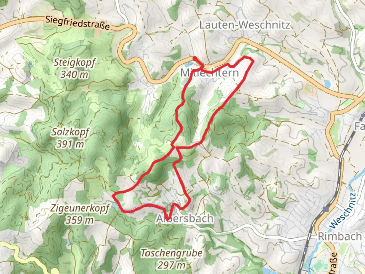 An image depicting the trail Obstwiesenlehrpfad Albersbach and its surrounding area.