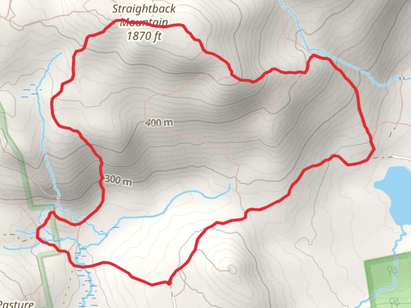 An image depicting the trail Straightback Mountain Loop via Blueberry Pasture Trail and its surrounding area.