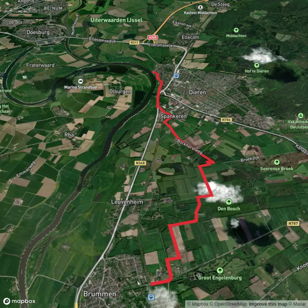 An image depicting the trail Brummen to Dieren via Dwars door Gelderland and its surrounding area.