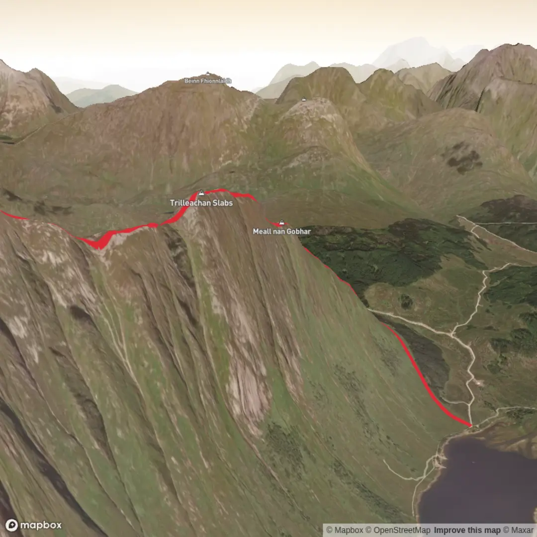 An image depicting the trail Meall nan Gobhar, Trilleachan Slabs and Beinn Trilleachan and its surrounding area.