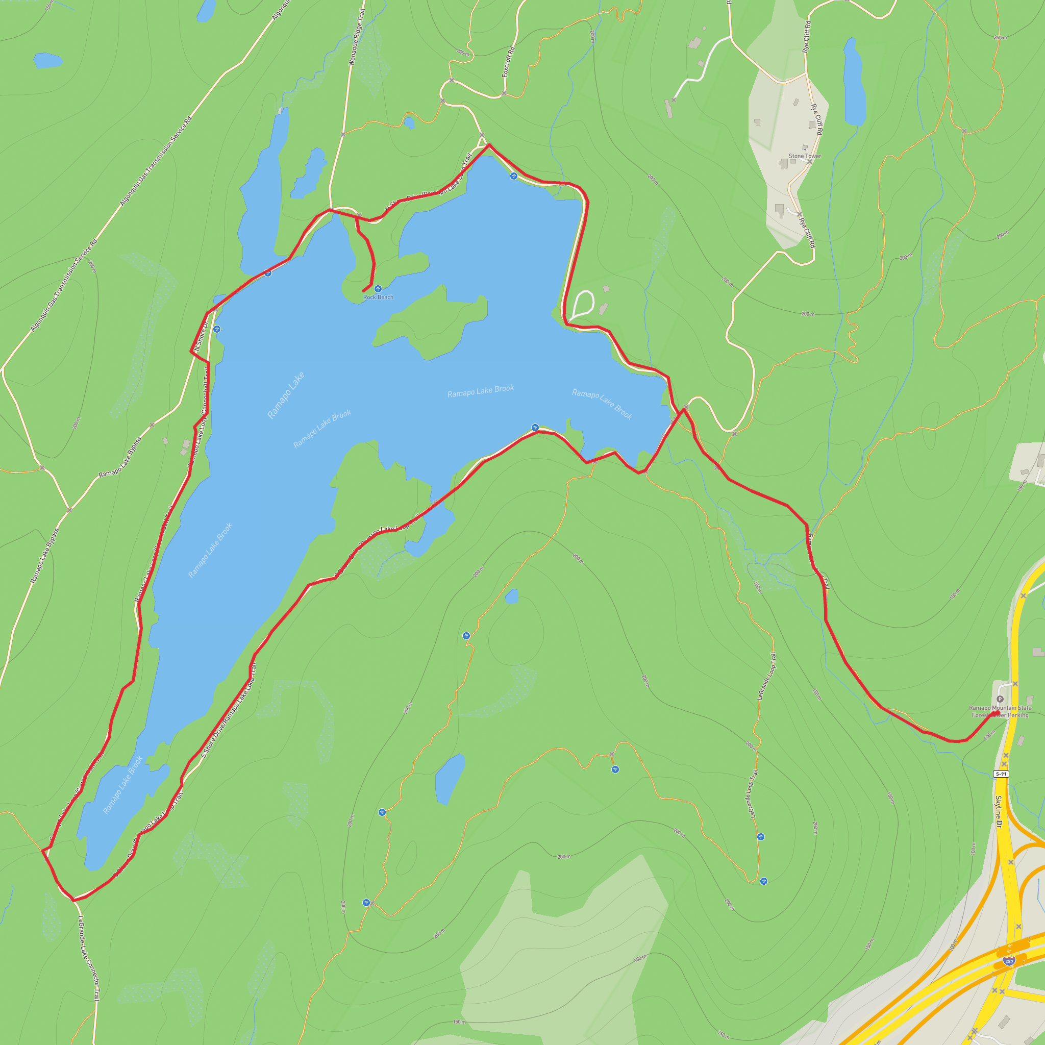 Ramapo Lake via MacEvoy Trail - Blue and Cannonball Trail and Lakeshore Path Loop mobile static map