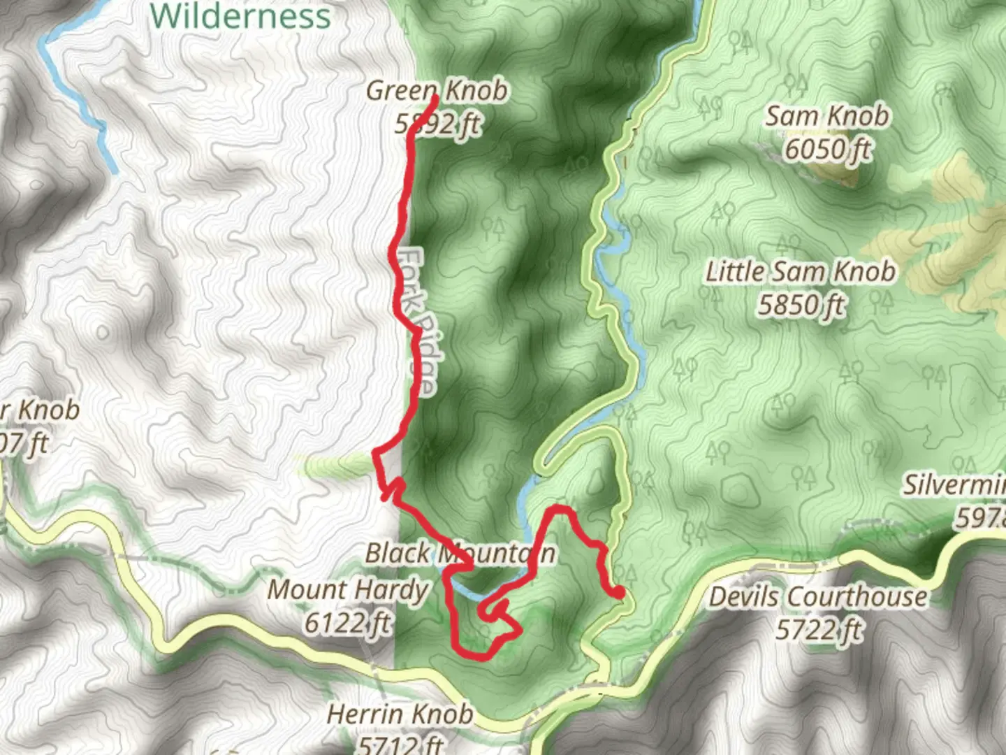 An image depicting the trail Green Knob via Green Mountain Trail and its surrounding area.
