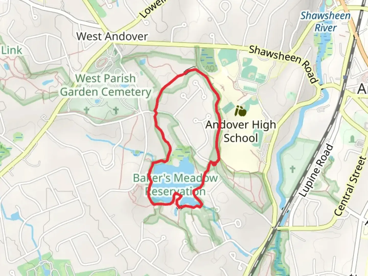 An image depicting the trail Baker's Meadow Pond Loop and its surrounding area.