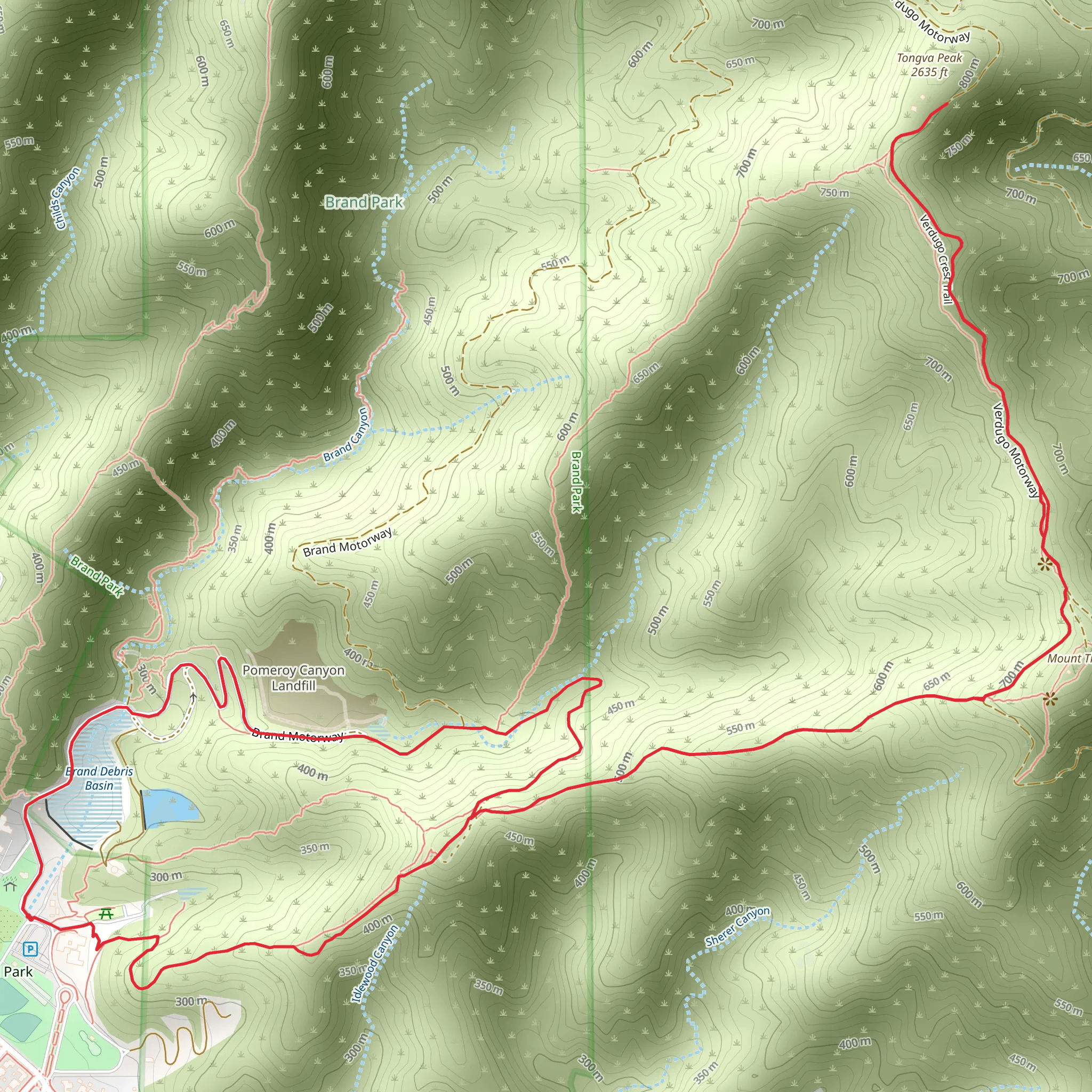 Tongva Peak and Brand Debris Basin Loop mobile static map