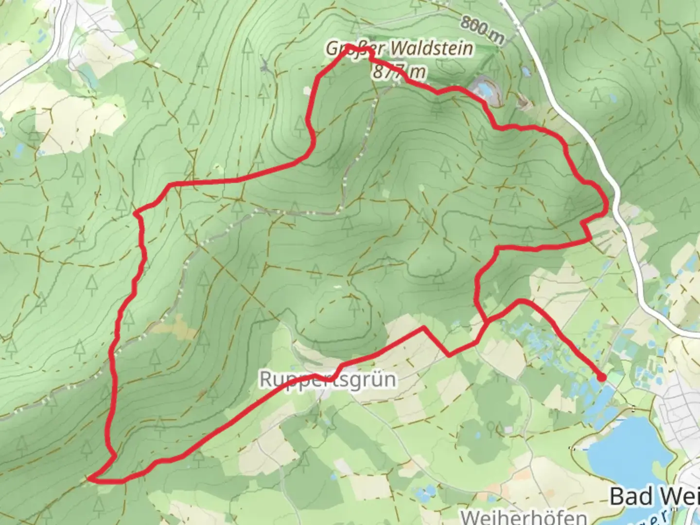 An image depicting the trail Napoleonshut and Der Wal vom Waldstein via Fraenkischer Gebirgsweg and Quellenweg and its surrounding area.